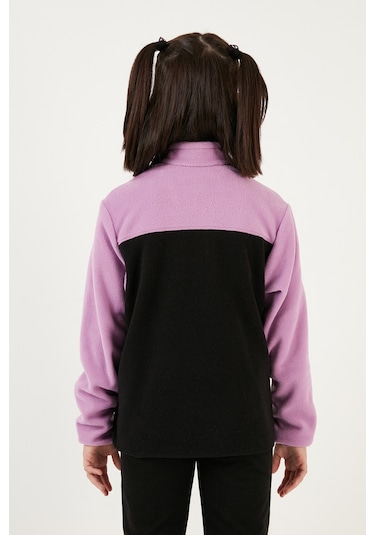 Lela Yumuşak Dokulu Yarım Fermuarlı Renk Bloklu Dik Yaka Unisex Çocuk Polar 5905004 Lila-Siyah