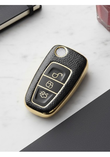 Ford Courier Focus Fiesta C-max Mondeo Custom Galaxy 3 Buton Nano Deri Anahtar Kılıfı Siyah-gold