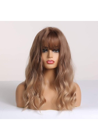 Sarı Kahverengi Degrade Uzun Saç Kıvırcık Doğal Sentetik Peruk