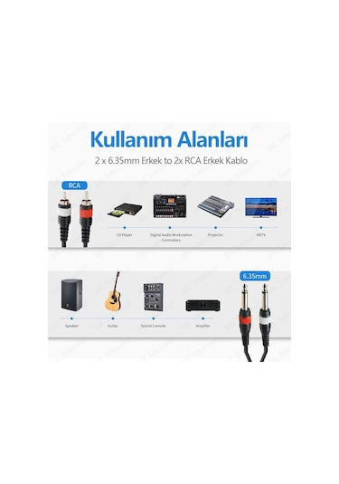 2x 6.35 mm 1/4 Erkek Jack to 2x RCA Erkek Ses Kablosu 3 Metre