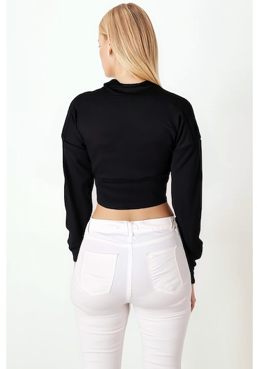 Armonika Kadın Siyah Yakası Fermuarlı Crop Sweatshirt Arm-26k042009
