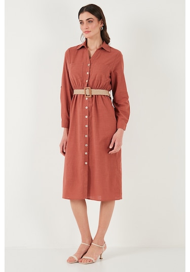 Lela Pamuklu Regular Fit Kemerli Midi Boy Gömlek Bayan Elbise 67810301 Camel Lela Pamuklu Regular Fit Kemerli Midi Boy Gömlek Bayan Elbise 67810301 Camel