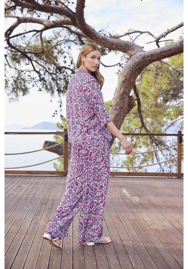 Monamise Kadın Desenli Önü Düğmeli Gömlek Yaka Alt Üst Takım 25017 Yeşil