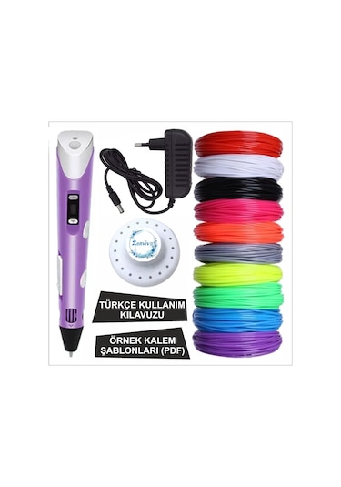 Mor Renk 3d Kalem + 25 Renk Toplam 25 Metre Pla Filament + Şablon