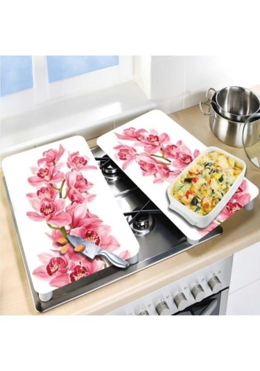 Dekoratif Cam Ocak Koruyucu ve Kesim Tahtası Pembe Orkide 60Cm X