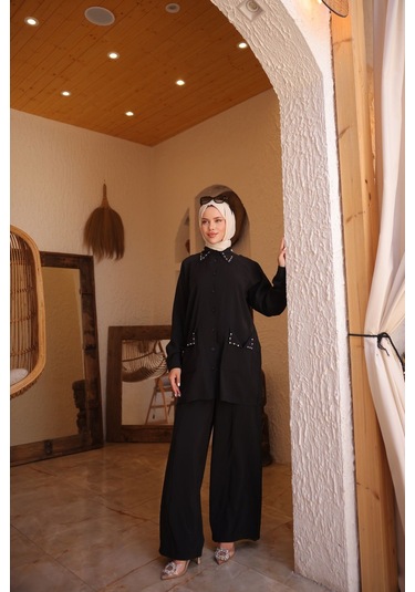 Kadın Tesettür Eşofman & Takımı, Alt Üst Uzun Takım Düğmeli Gömlek Pantolon 504 Siyah