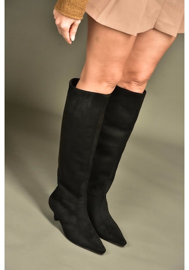 Fox Shoes V404012302 Siyah Süet Kısa Topuklu Kadın Çizme Siyah