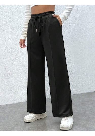 Kallima Siyah Çimalı Yüksek Bel Bol Paça Mevsimlik Eşofman Altı Siyah