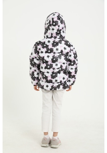 Kız Çocuk Beyaz Mor Çiçek Desen İçi Polar Su Ve Rüzgar Geçirmez Kapüşonlu Cepli Şişme Kışlık Mont Beyaz