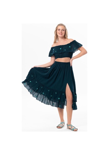 Lavinya Vual Lastik Detaylı Nakışlı Yazlık Crop Bluz Petrol Ptrl-petrol Petrol