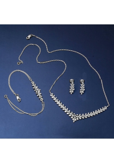 Bilezikci Modern Tasarım 14 Ayar Beyaz Altın Hanımeli Set Stpj34133