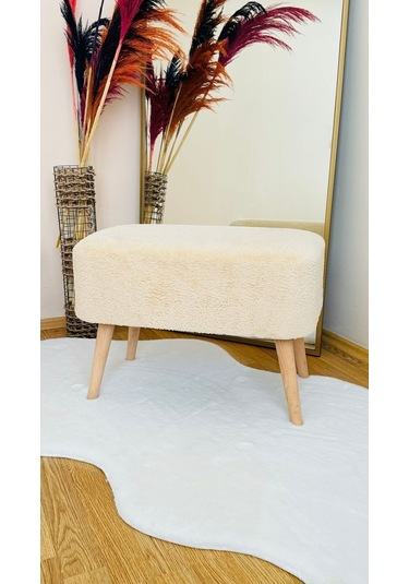 Ahşap Ayaklı Teddy Kumaş Dikdörtgen Dekoratif Puf Bench Ekru