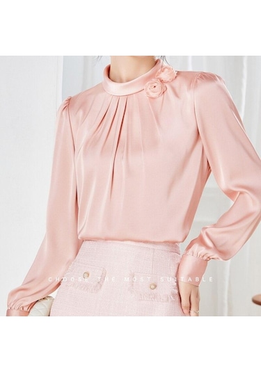 Zarif Ofis Kadın Çiçek Dekorasyon Saten Bluz Şifon Gömlek Kadın Üstleri Sonbahar Standı Yaka Uzun Kollu Elbise 23174 Pembe
