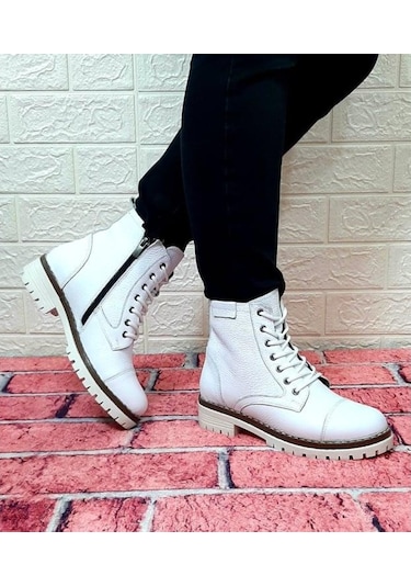 Voyager 8493 Beyaz Hakiki Deri Fermuarlı Bağcıklı Kaliteli Bayan