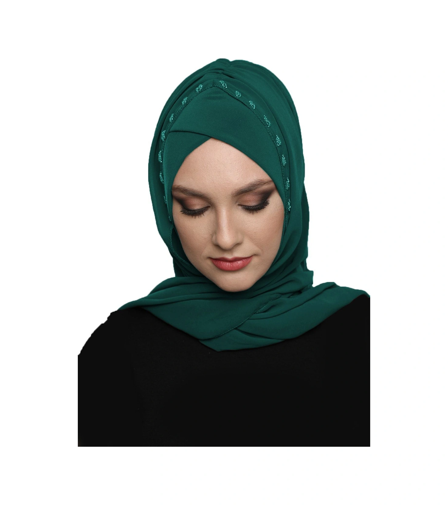 Şallı Takmatik Taşlı Yeşil Hazır Türban Tesettür Bone Namaz Örtüsü Hürrem