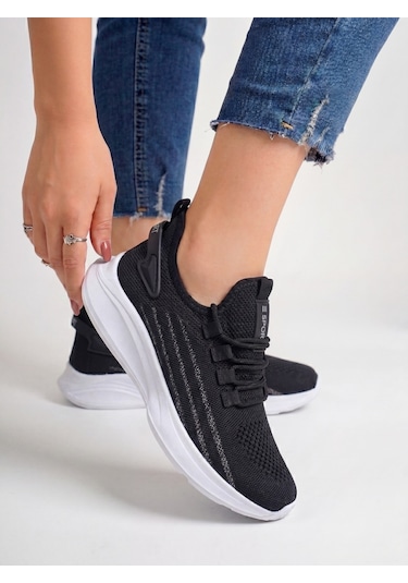 Siyah Beyaz Unisex Yürüyüş Hafif Triko Ayakkabı-015 SİYAH-BEYAZ