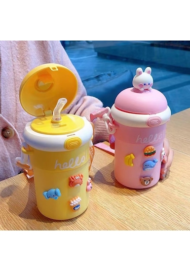 Taşınabilir Sevimli Karikatür Tavşan Su Bardağı-pembe