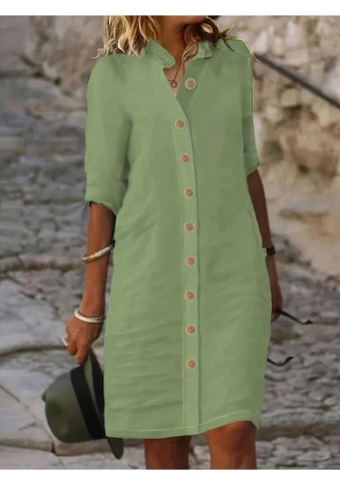 Kadın Kısa Kollu Hakim Yaka Önden Düğmeli Kısa Müslim Elbise Yeşil
