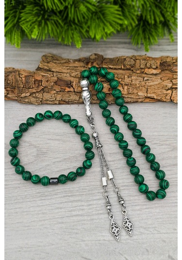 Erkek Sıkma Malahit Tesbih Ve Bileklik Set 8 Mm Bt043 Yeşil