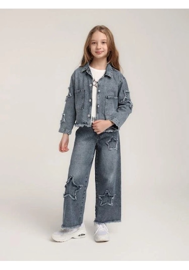 Kız Çocuk Yıldızlı Büyük Cepli Kot Ceket-15622 Mavi