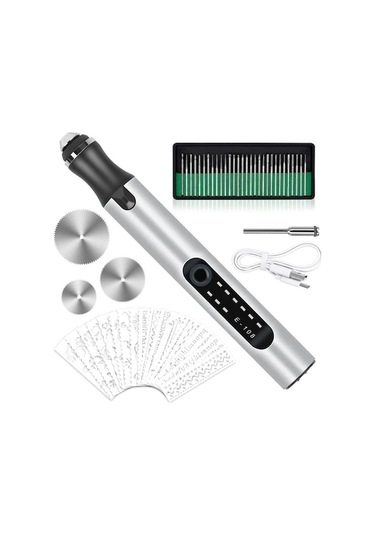 Usb Şarjlı El Tipi Elektrikli Taş Oyma Polisaj Aleti - 3 Hızlı 5000-18000rpm Mini Taşlama, Zımpara, Kesme Seti Gümüş