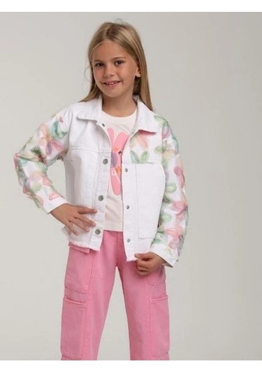 Kız Çocuk Tasarım Çiçekli Kot Ceket-15577 Beyaz