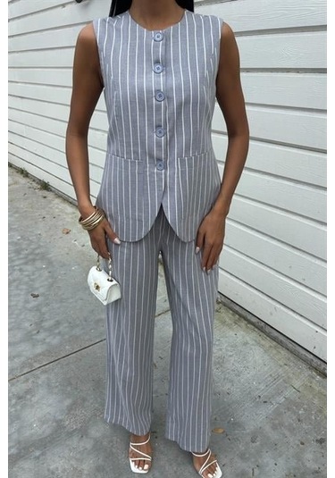 Çizgili Viscon Keten Yelekli Rahat Takım 10121 Gri