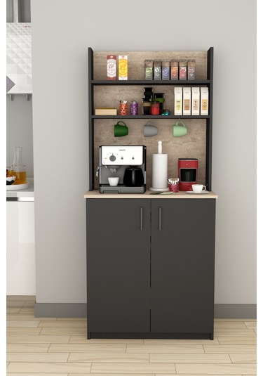 %100 Mdflam Kahve Köşesi Çok Amaçlı Mutfak Dolabı Kahve01 Antrasit - Sidon Antrasit - Sidon