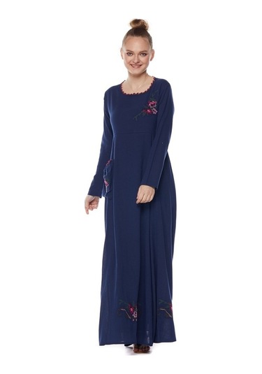 Şile Bezi Lacivert Uzun Kollu Nakış Detaylı Elbise