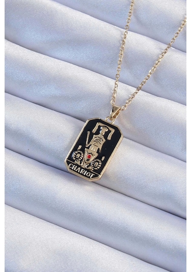 316l Çelik Zincir Altın Renk Siyah Mineli Tarot Kolye