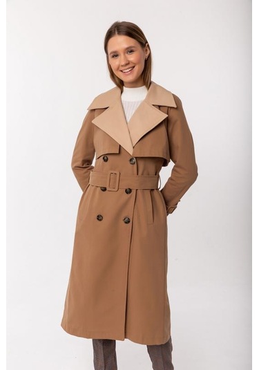 Pastelastore Pamuk Gabardin Uzun Çift Renk Garnili Kadın Trençkot 1114 Koyu Bej