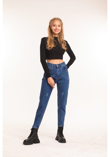 2006 Kadın Likrasız Mom Jeans Kot Denim Pantolon Kar Yıkama