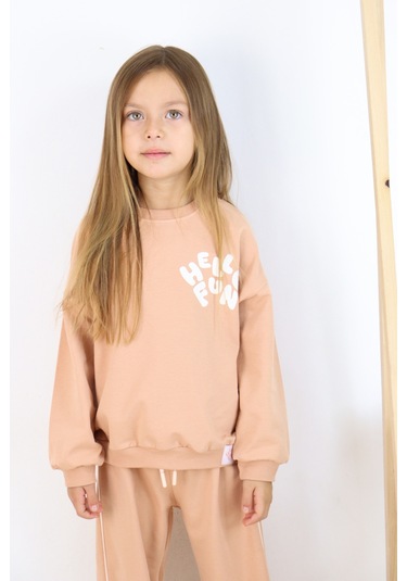 Kız Çocuk Hello Fun Baskılı İspanyol Paça İki İplik Eşofman Takımı Açık Kahverengi