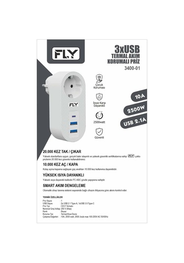 Fly 3400-01 Akım Korumalı 3 Usb Çıkış Hızlı Şarjlı Topraklı Priz Diğer