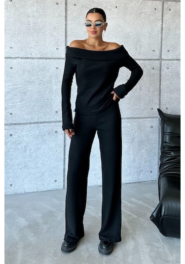 Modagen Selanik Kumaş Madonna Yaka Alt Üst Pantolonlu Takım Siyah