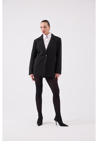 Holly Lolly Oversize Kesim Çizgili Strip Blazer Ceket Siyah