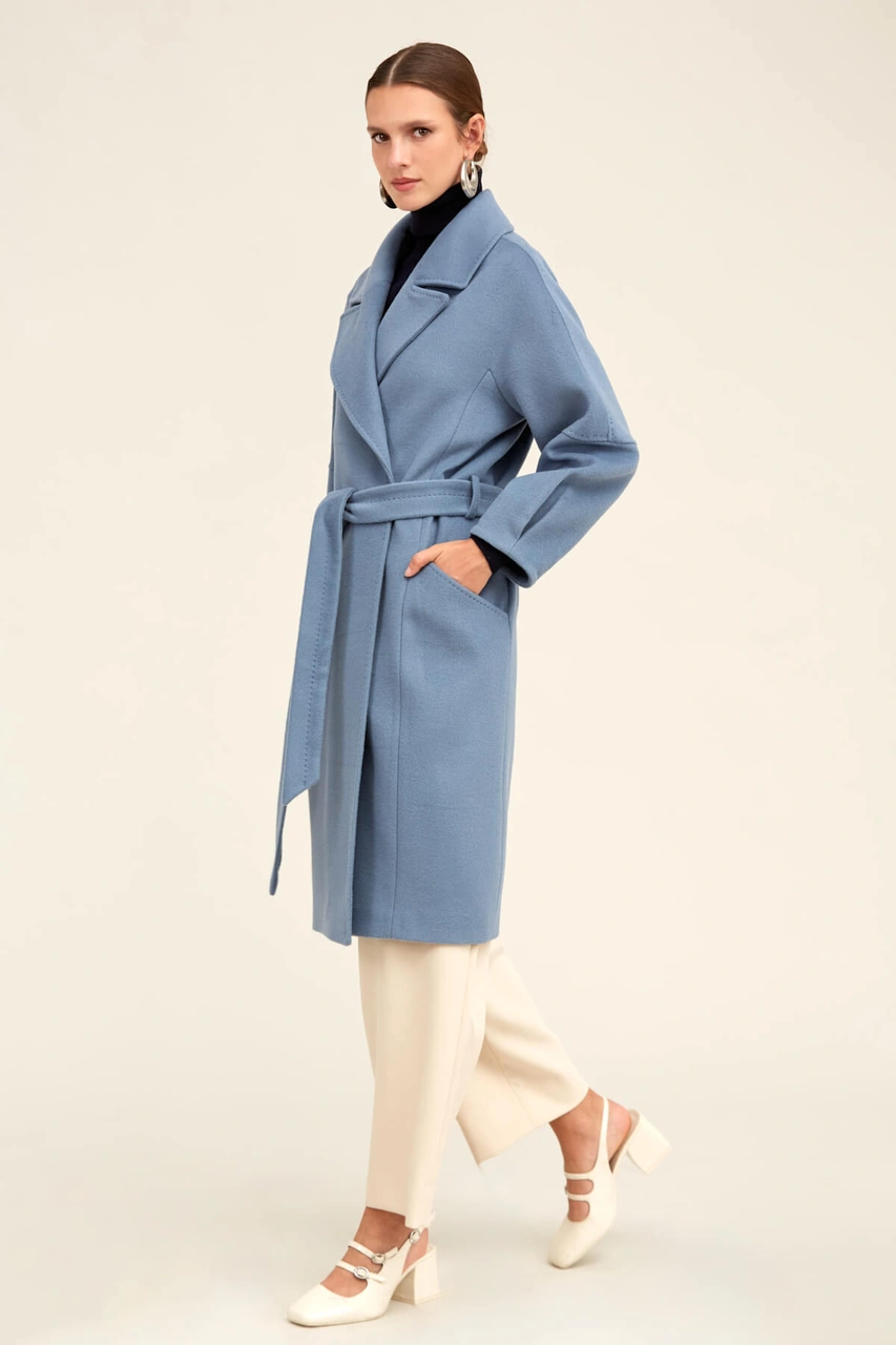 Saykı Woman Mavi Regular Fit Ceket Yaka Kaşe Yünlü Oversize Manto Mavi