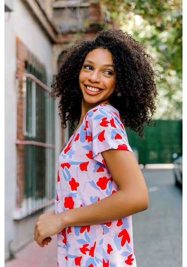 Dökümlü Rahat Kalıp Günlük Penye Kumaş Elbise-mercan Mercan