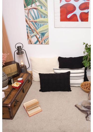 Peraluna Foam Pıllow Şifon Şerit Triko Yastık Kılıfı 60x40 Cm Siyah - Siyah