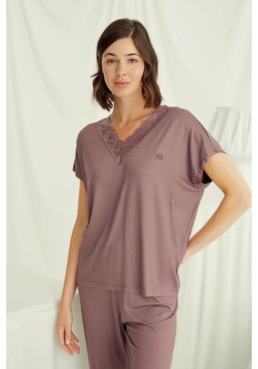 Monamise 18512 Kadın V Yaka Kısa Kollu Pijama Takımı-kahve Kahve