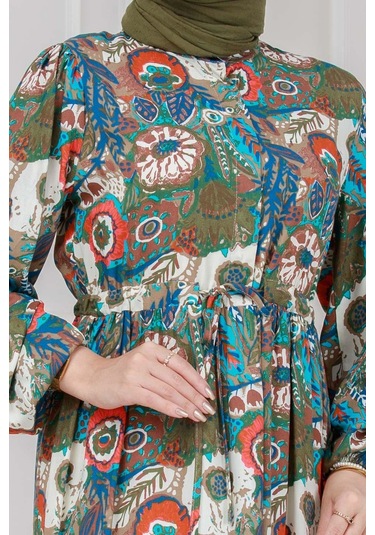 Beli Tünelli Çiçekli Viscon Elbise-haki-5318 Haki