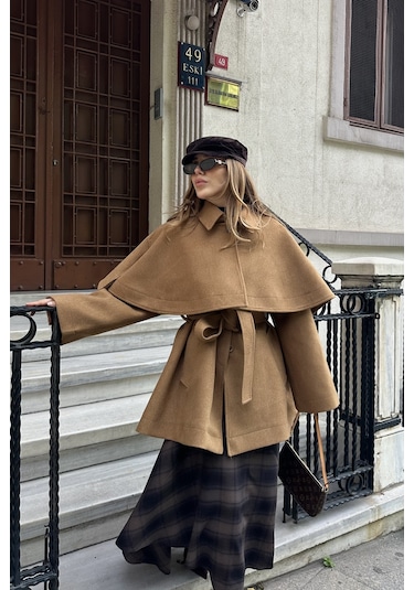 Camel Livia Pelerin Detaylı Kaşe Kaban Camel