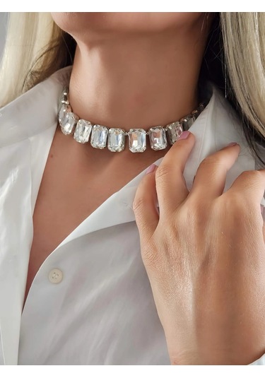 Harmonia Elmas Görünümlü Baget Kare Model Choker Kolye Silver