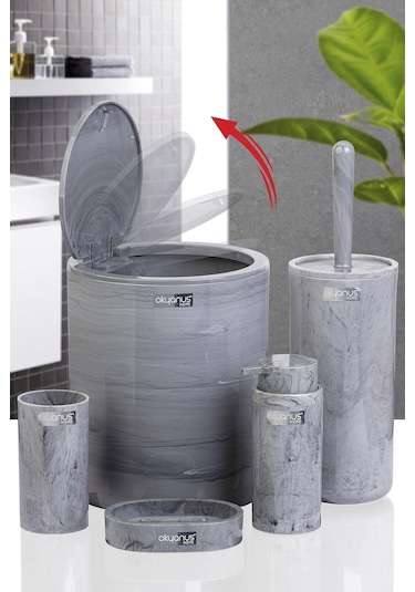 Okyanus Home Yuvarlak Mermer Desenli 5'Li Banyo Seti OKY-513 Gri