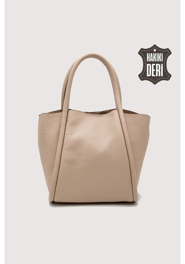 Hakiki Deri Kadın Organizerlı El Çantası Vizon Smr9206 Vizon