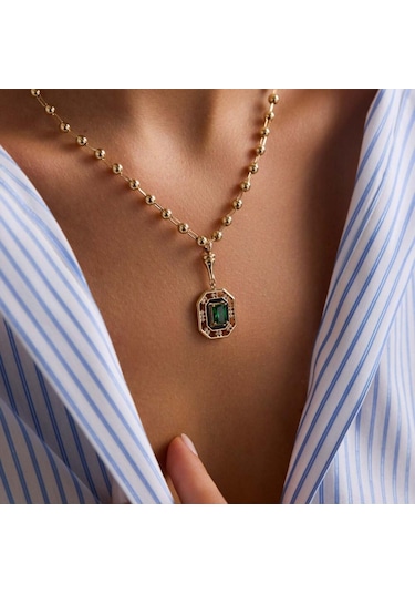 Sembolgold 14 Ayar Özel Tasarım Yeşil Taşlı Kolye Ball Chain T14386 Renkli