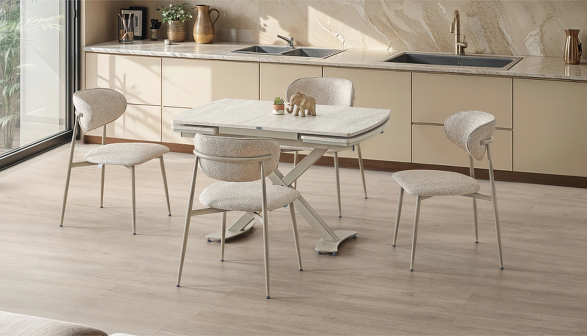 Dengema Diamond Açılır Masa Takımı Traverten Desen Kapuçino Metal Ayak, 4 Sandalyeli, 80x120/180 Cm Traverten - Kapuçino Ayak Dengema Diamond Açılır Masa Takımı Traverten Desen Kapuçino Metal Ayak, 4 Sandalyeli, 80x120/180 Cm Traverten - Kapuçino Ayak