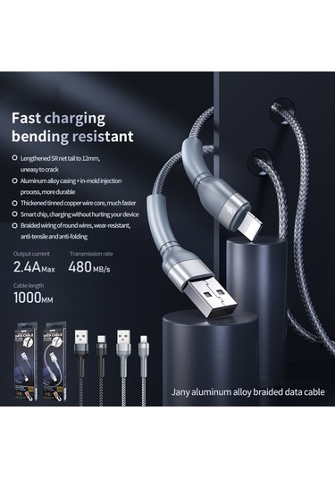 Remax Rc-124a 1m 2.4a Usb-c / Tip-c Alüminyum Alaşımlı Örgü Hızlı Şarj Veri Kablosu Siyah
