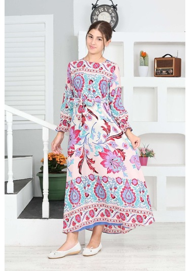 Kız Çocuk Viskon Kumaş Desenli Uzun Elbise Mavi