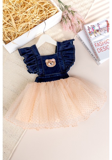 Babymod Ayıcık İşlemeli Tül Etekli Kız Bebek Elbise Kot Jile Somon